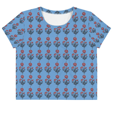 RED AND BLUE FLORAL BLOCK PRINT STYLE WOMEN'S CROP TEE