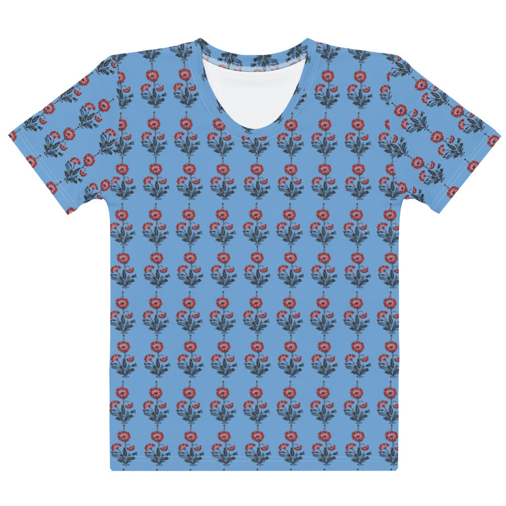 RED AND BLUE FLORAL BLOCK PRINT STYLE WOMEN'S T-SHIRT