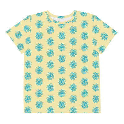 TEAL FLOWER BLOCK PRINT STYLE YOUTH T-SHIRT