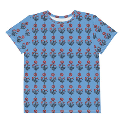 RED AND BLUE FLORAL BLOCK PRINT STYLE YOUTH T-SHIRT