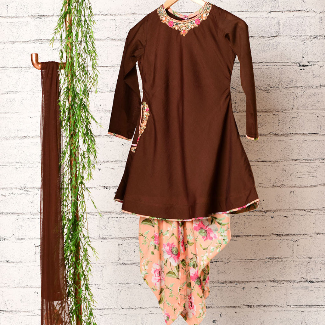 ORCHID-Brown and Pink Girls Dhoti Suit