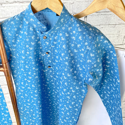 VISHAL - Sky Blue Cotton Kurta Pajama with Floral Print
