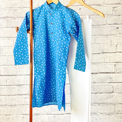 VISHAL - Sky Blue Cotton Kurta Pajama with Floral Print